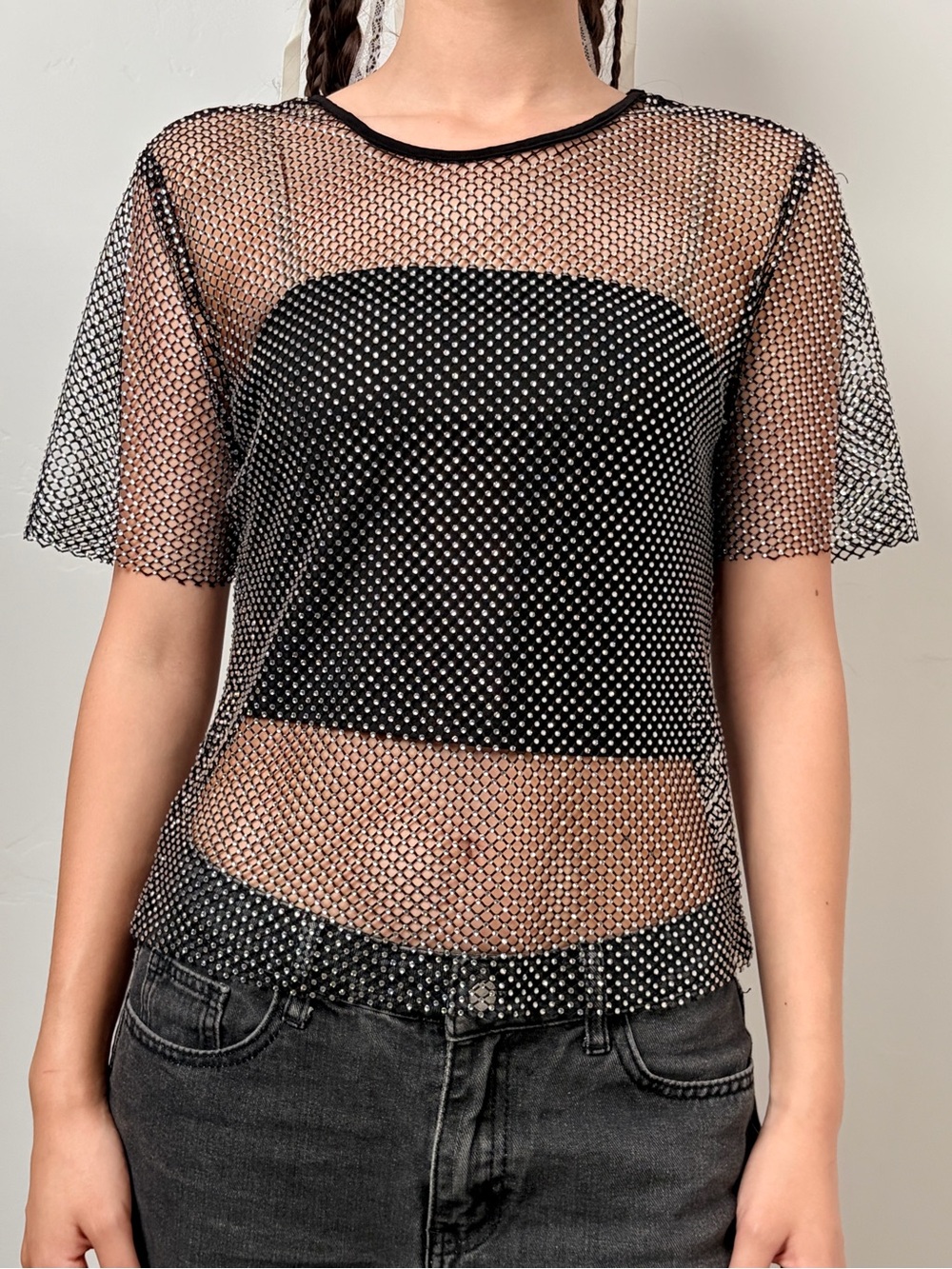 Toska Black Sheer Mesh Short Sleeve Top with Stud Detail